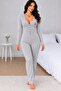 Women's Black Teddy Bear Printed Long Sleeve Buttoned Pajama Jumpsuit - 2