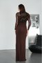 Women's Brown Sandy Fabric Turtleneck Front Draped Detail Sleeves Lace Evening Dress - 5