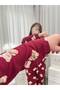 Burgundy Teddy Bear Patterned Collared Buttoned Long Sleeve Berlin Camisole Pajama Set - 6