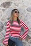 Red-White Striped Boat Neck Spanish Sleeve Blouse - 2