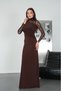 Women's Brown Sandy Fabric Turtleneck Front Draped Detail Sleeves Lace Evening Dress - 4
