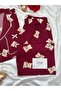 Burgundy Teddy Bear Patterned Collared Buttoned Long Sleeve Berlin Camisole Pajama Set - 7