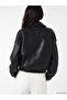 Rmz Gi̇yi̇m Farkiyla Stand Collar Loose Fit Women's Leather Look Jacket - 5