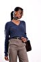 Navy Blue V-Neck Hair Knit Sweater 190877 - 2