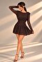 Women's Waist Corseted Lined Long Sleeve Short Lace Dress - 2