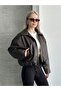 Agli̇mmer Viral Women's Bomber Aci Brown Faux Leather Jacket with Wool Belt Detail - 2