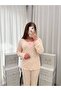 Cream Pink Floral Patterned Lace Detailed Patched Long Sleeve Berlin Camisole Pajama Set - 3