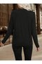 Women's Black Long Sleeve V-Neck Double Zipper Detailed Flowy Casual Combed Cotton Blouse - 4