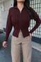 Ribbed Knitwear High Collar Zippered Cardigan — Brown - 6