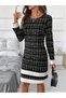 Women's Long Sleeve Round Neck Hem Stripe Detailed Short Woven Dress - 3