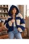 Women's Hand Knitted Puffy Yarn Retro 80's Hooded Navy Blue Stone Color Cardigan Oversize Knitted Coat