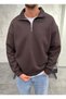 Collared Half-Zipper Hooded Brown Sweatshirt