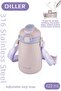 Diller 420 ml Single Lid With/Without Straw Dual Use Steel Thermos Water Bottle with Strap 6 Hours Hot/