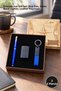 3-Piece Roller Pen Lighter Keychain Set – Boxed Promotional Gift Set Blue Pen Matte Black Type Lighter Leather Keychain