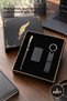 2-Piece Black Boxed Keychain Lighter and Metal Roller Pen Set – Matte Lighter, Leather Keychain, Promotional Gift, Roller Pen