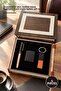 5-Piece Copper Rollerball Pen Set with Wooden Box – Copper Rollerball Pen, Leather Metal Keychain, Black Matte Gasoline Lighter, Gift Box