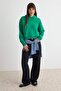 Green Thick Fleece Inside Hooded Kangaroo Pocket Oversize Crop Knitted Sweatshirt Twoaw27Sw00141 - 2