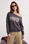 Teen Anthracite Slogan Printed Open Shoulder Knitted Sweatshirt Twoaw26Sw00201 - 2