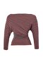 Anthracite-Red Striped Asymmetrical Collar Gathered Waist Knitted T-Shirt Twoaw27Ts00054 - 7
