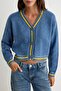 Blue Soft Textured Crop Color Block Knitwear Cardigan Twoaw27Hi00211 - 3