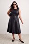 Black Woven Faux Leather Midi Plus Size Dress Tbbaw27Ah00101 - 3