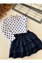 Girl's Navy Blue Layered Ruffle Skirt and White Heart Patterned Ribbed Long Sleeve Blouse Two-Piece Set