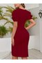 Women's Red Double-Breasted V-Neck Short Sleeve Draped Gathered Pencil Midi Evening Dress - 2