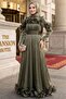 Ruffle Detailed Khaki Hijab Evening Dress 56612Hk