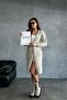 Women's Long Knitwear Cardigan Beige Color Hooded Belted Knitted Patterned Oversize - 7