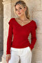 Claret Red Women's Turn-Down Collar Ribbed Lycra Knitwear Blouse - 3