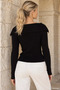 Black Women's Turn-Down Collar Ribbed Lycra Knitwear Blouse - 6