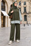 Striped Shirt Detailed Tunic Double Suit |   Green with Pockets, Wide Legs and Tunic - 3
