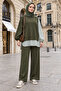 Striped Shirt Detailed Tunic Double Suit |   Green with Pockets, Wide Legs and Tunic - 2