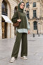 Striped Shirt Detailed Tunic Double Suit |   Green with Pockets, Wide Legs and Tunic - 5