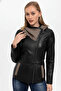 Black Antonia Knitwear Hooded Women's Genuine Leather Coat - 2