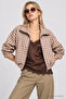 Plaid Patterned Bomber Jacket Laz0021 Beige Brown - 3