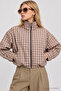 Plaid Patterned Bomber Jacket Laz0021 Beige Brown