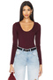 Women's Burgundy Long Sleeve U-Neck Silk Jersey Body Hugging Basic Snap-On Gathering Bodysuit - 3