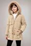 Girl's Beige Color Thick Waist Drawstring Furry Fleece Lined Winter Coat - 2