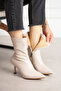 Marya Women's Beige Stretch Leather Pointed Toe Warm Lined Zippered 7 cm Thin Heeled Boots Bootie - 3