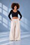 Women's Beige Oversize Micro Satin Palazzo Wide Leg Trousers Compatible with S-3Xl - 2