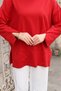 Women's Crew Neck Sleeve Slit 2 Thread Combed Cotton Basic Tunic 3239 Red - 3