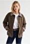 Coffee Brown Textured Plaid Collar Detailed Off-Shoulder Buttoned Double Pocket Relaxed Fit Jacket - 4