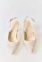 Cream Stone Detailed Pointed Toe Thin Heeled Open Back Strap Design Shoes - 3