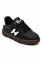 Black Faux Leather Textured Flat Sole Lace-Up Casual Sneakers with Logo on the Side Panel - 2