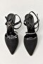 Black Textured Fabric Pointed Toe Ankle Strap Stone Detailed Comfortable Form Heeled Shoes - 3