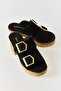 Black Suede Textured Non-Slip Straw Sole Flexible Structure Buckle Detailed High Heeled Slippers