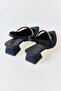 Navy Blue Flexible Sole Pointed Toe Stone Detailed Slingback Medium Thick Heeled Shoes - 4