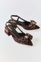 Brown Satin Textured Pointed Toe Large Bow Detailed Short Thick Heeled Slingback Shoes