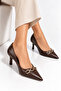 Brown Leather Look Pointed Toe Gold Chain Detailed Medium Size Thin Heeled Shoes - 3